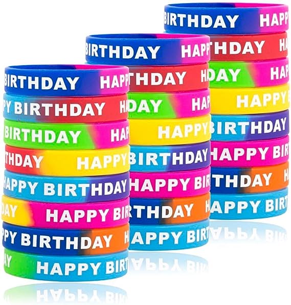 48PCS 8 Styles Happy Birthday Rubber Bracelets, Colored Silicone Stretch Birthday Party Wristbands Supplies Favors