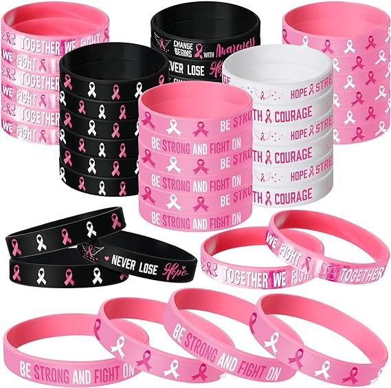 Breast Cancer Awareness Pink Silicone Wristbands - Stretchable Bangle Bracelets (Pack Of 52-1)