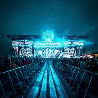 Crowd of music fans at a concert wearing wristbands, with stage lights in the background