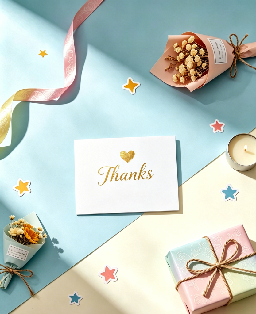 Cute custom thank-you cards with small decorative motifs and fresh natural background